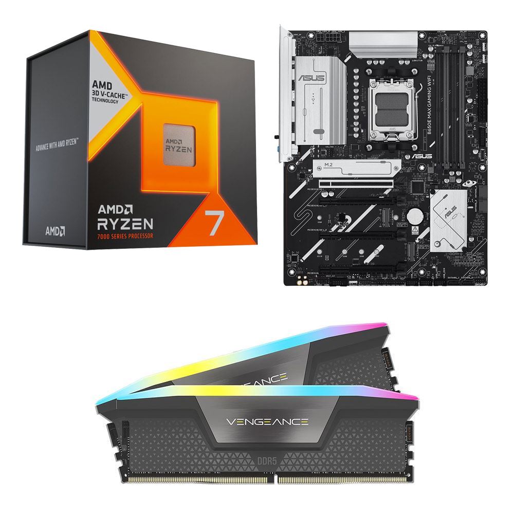 AMD Ryzen 7 7800X3D, ASUS B650E Max Gaming WiFi AM5, Corsair Vengeance RGB 32GB DDR5-6000 Kit, Computer Build Bundle